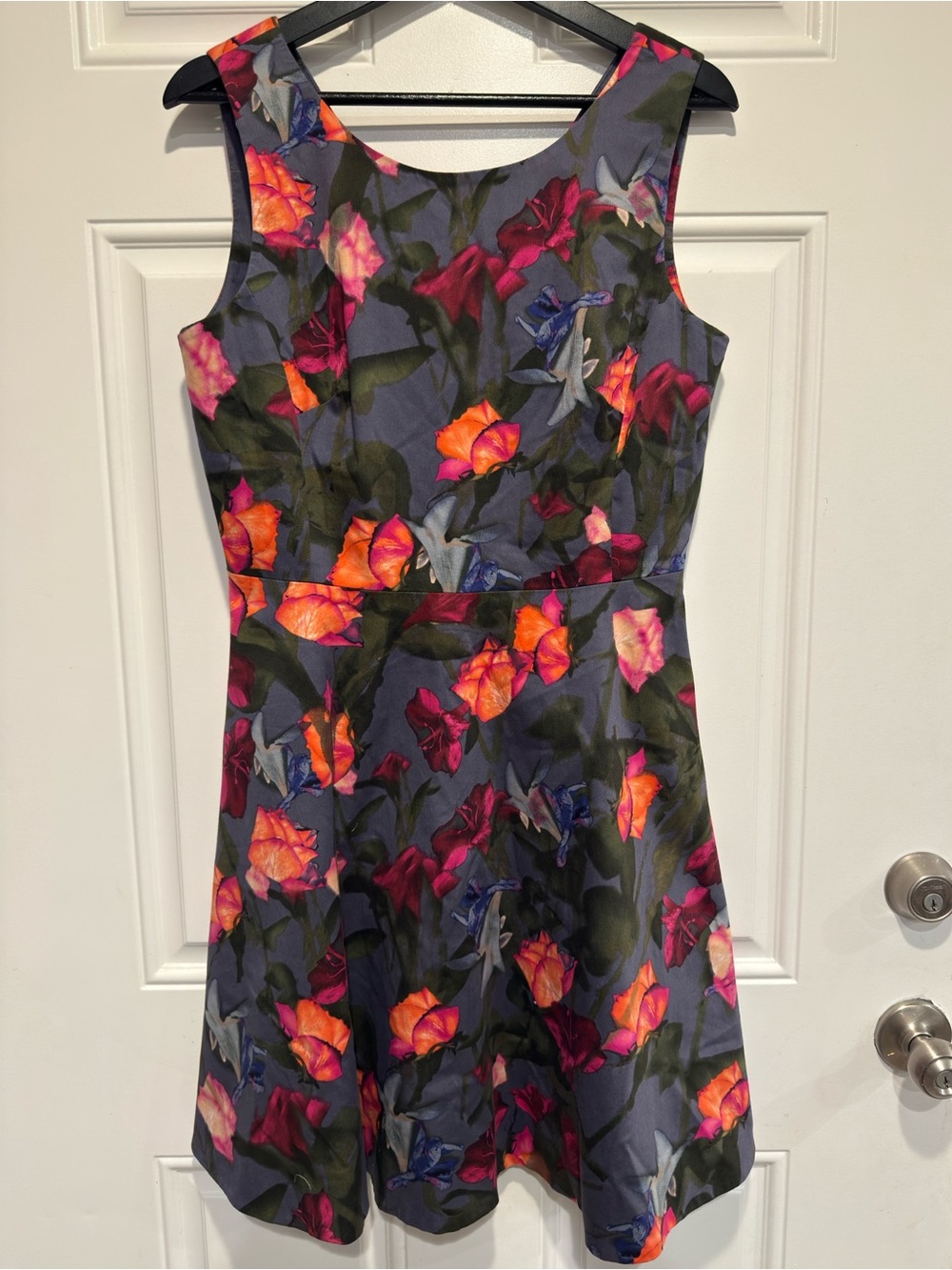 Karen Millen Floral Print Fit and Flare Dress Blue Orange Pink US‎ 10 UK 14